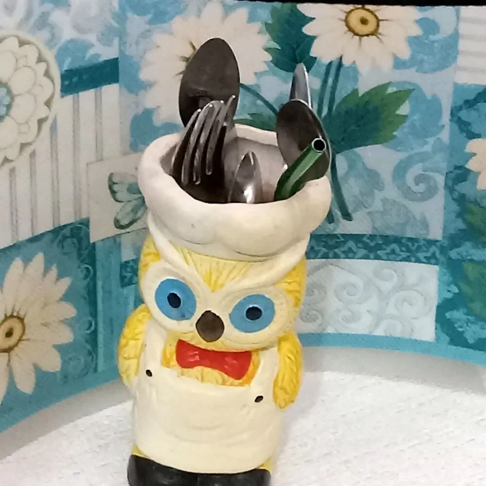 Ceramic Kitchen OWL Yellow Utensil Holder 6